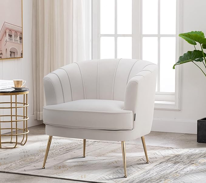 Artechworks Modern Velvet Barrel Chair Accent Armchair with Golden Legs for Living Room Bedroom Home Office Channel Tufted Back Club Chair Beige White Cream