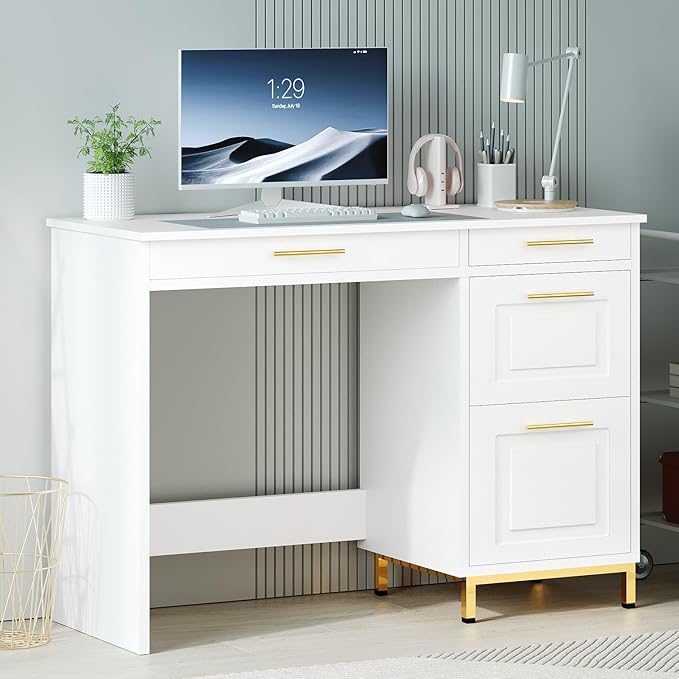 4 EVER WINNER White Desk with Drawers 44 Inch Computer Desk with Storage and Golden Handle Writing Desk Sturdy Table for Home Office White and Gold Desk