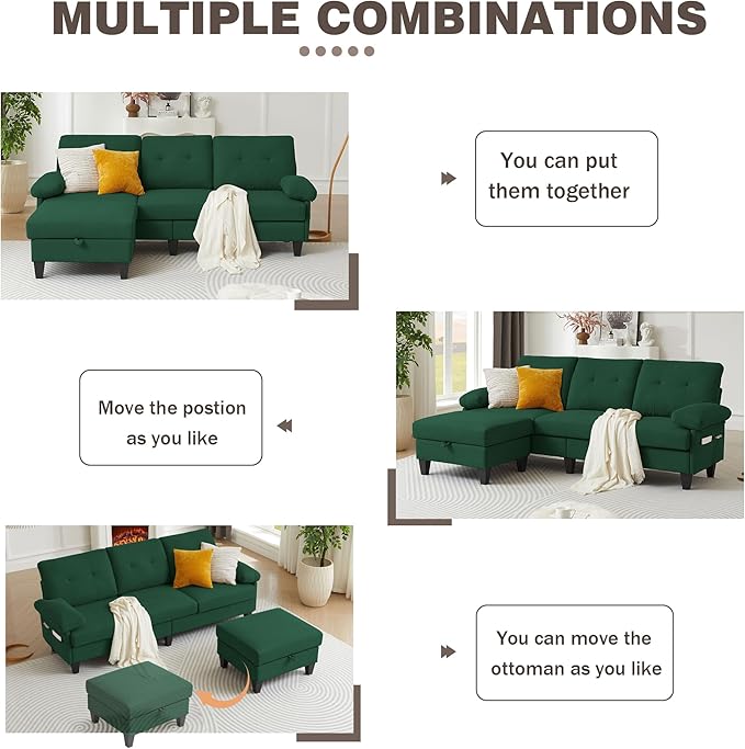 85 Convertible Sectional Sofa with Storage L Shaped 3 seat Couch with Reversible Chaise Polyster Fibre Sofa for Living RoomApartment and Small Space Green