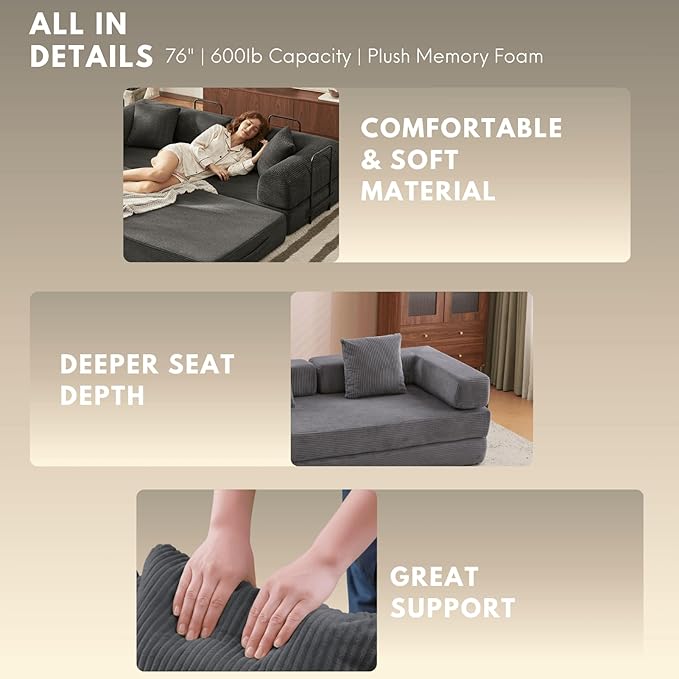 Alpen Boneless Couch Bed 4-in-1 Fold Out Couch Bed with L-Shaped Armrests Futon Chair Sleeper Sofa Mattress Fold Out Comfy Lounge for Living Room Bedroom Apartment Dark Grey