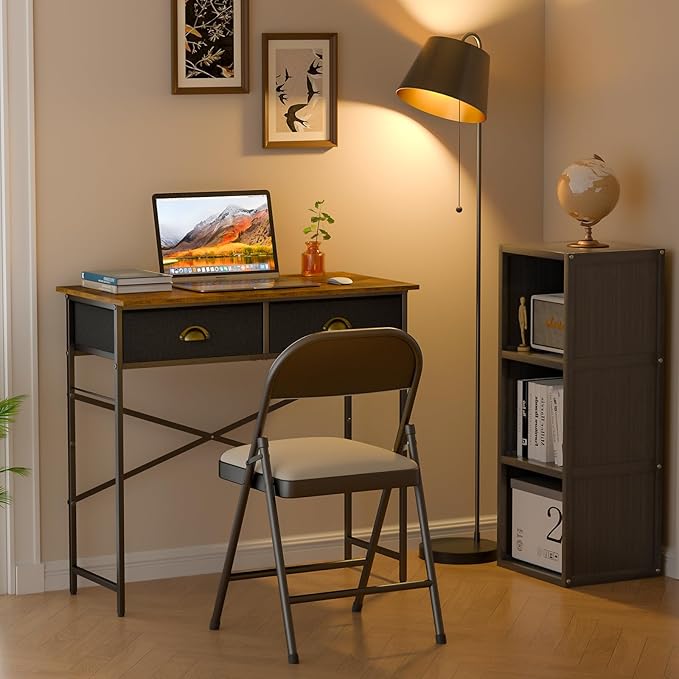 Small Writing Desk for Kids Bedroom 31.5 Inch Computer Desk for Small Spaces Simple Desk with 2 Fabric Drawers for Home Office Dorm Living Room Home Study Table Rustic Brown