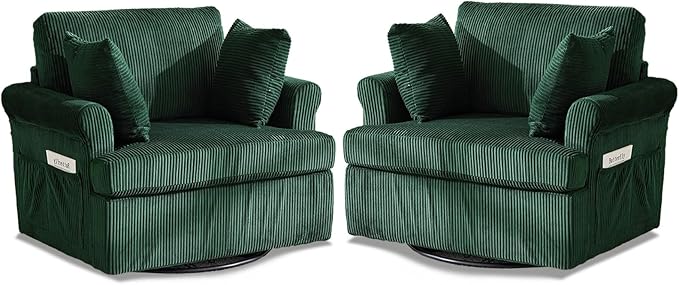 VINGL 39.2 Wide 360° Swivel Accent Armchairs with Pillows Set of 2 Oversized Single Sofas Chair and a Half with Side Pockets and Wide armrest for Living Room Bedroom Reading Room Corduroy Green