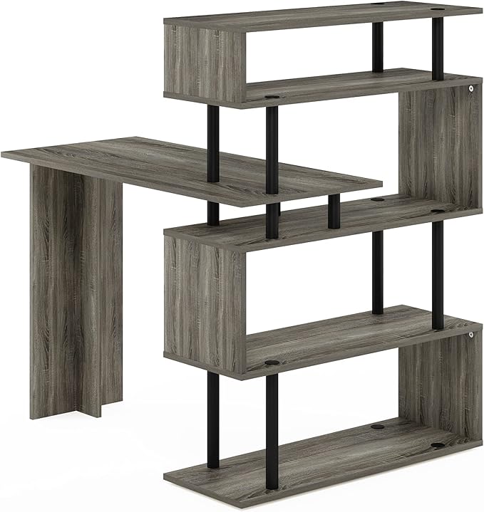 Furinno Classic Desk 40 Wide L-Shape Gaming Desk Computer Desk Writing Desk with 5-Tier S-Shaped Side Shelves for Home Office Study Room Dorm Bedroom French Oak