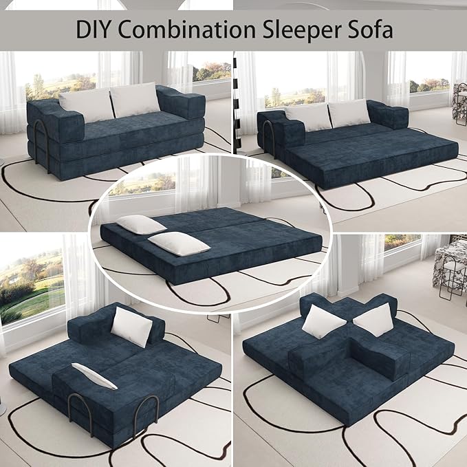 80 Convertible Sofa Bed Sleeper King Size Foldable Futon Couch with Memory Foam &amp 2 Pillows Chenille Fabric Modular Loveseat for Small Spaces Apartment Living Room Studio (Blue 80in)