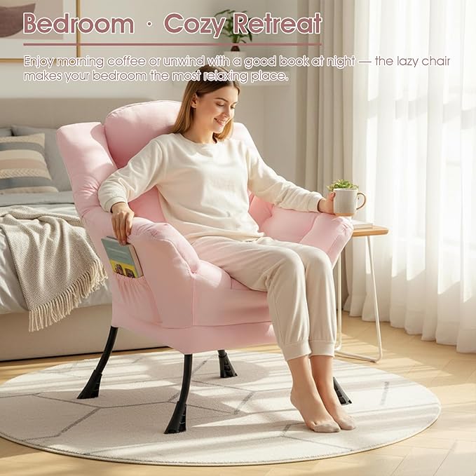 Lazy Chair for Living Room Large Pink Accent Chair with a Throw Pillow Leisure Sofa Chair Set Comfy Reading Chair for Bedroom Dorm Room Office