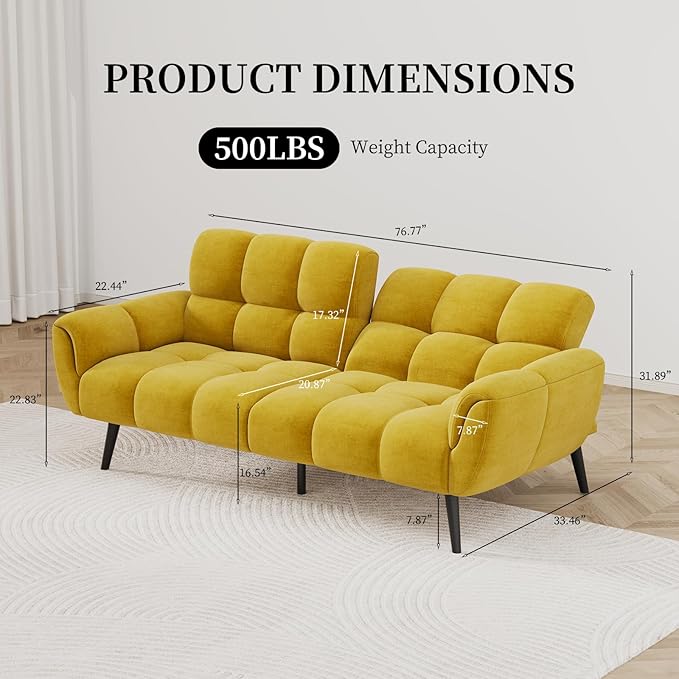Convertible Futon Sofa Bed 76.77 Modern Linen Futon Couch Comfy Sleeper Sofa with Adjustable Backrests Couch Bed for Small Spaces Living Room Bedroom Apartment Yellow