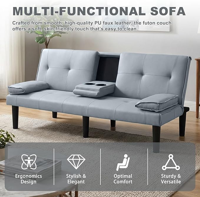 Futon Sofa Bed PU Leather Modern Convertible Futon Couch with Removable Armrests Cup Holders Loveseat Sleeper Sofa Bed for Living Room Apartment Small Spaces (Light Gray)