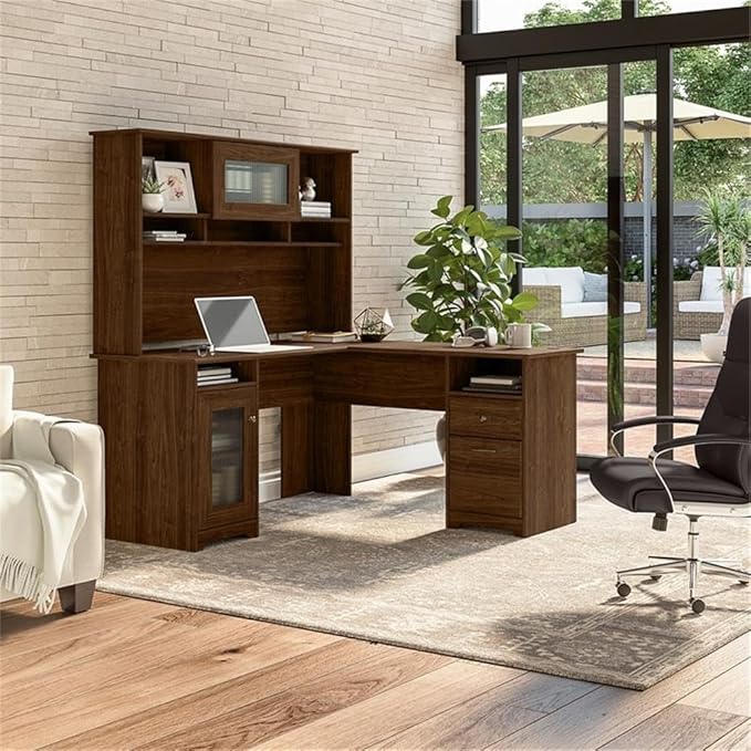 Pemberly Row 60W L Shaped Computer Desk with Hutch Walnut Finish Engineered Wood Built-in Wire Management Storage Cabinet File Drawer Adjustable Shelf Home Office Desk and Organizer Set