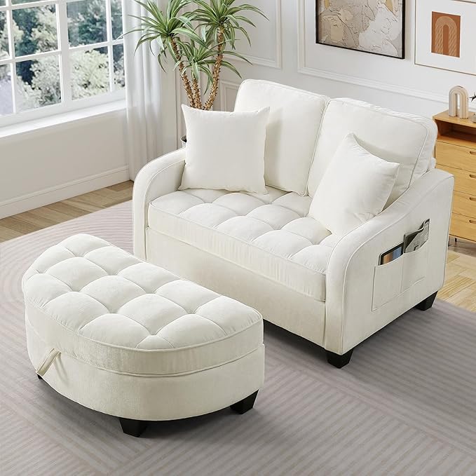 Oversized Chair and A Half Chenille Tufting Accent Cozy Reading Sofa Chair with Storage Ottoman Upholstered Loveseat Chaise Lounge Sofa with Adjustable Back for Living Room Office Sunroom Beige