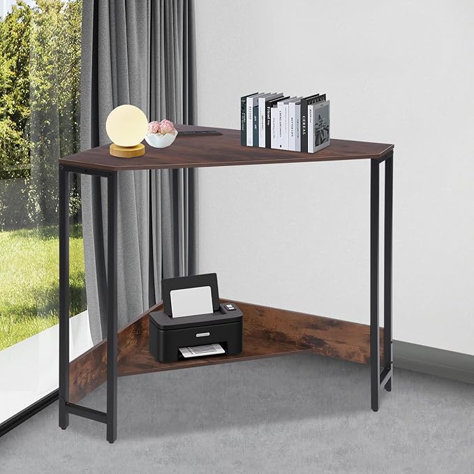 Corner Small Desk with Outlets Triangle Desk with Storage for Small Space Home Office Workstation Living Room Bedroom (Brown)