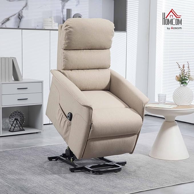 HOMCOM Power Lift Recliner Chair for Elderly Easy Assembly Fabric Lift Chair for Adults Recliner Sofa with Remote Control Side Pockets for Living Room Beige