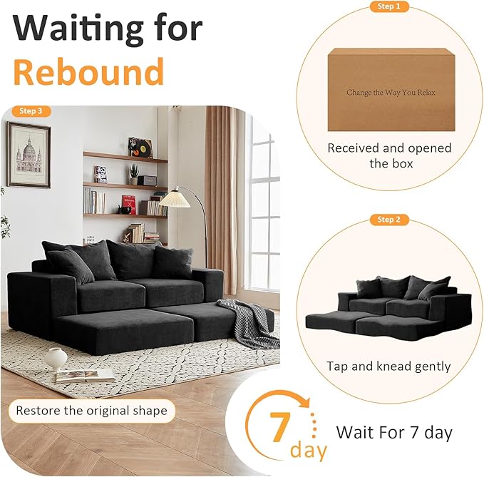 Modular Sectional Loveaeat Cloud Sofa Boneless Couch with Non Slip Base Cozy Sleeper Sofa for Customizable Living Spaces Modern Modular Couch with L-Shape Chaise Deep Seat &amp No Assembly Black