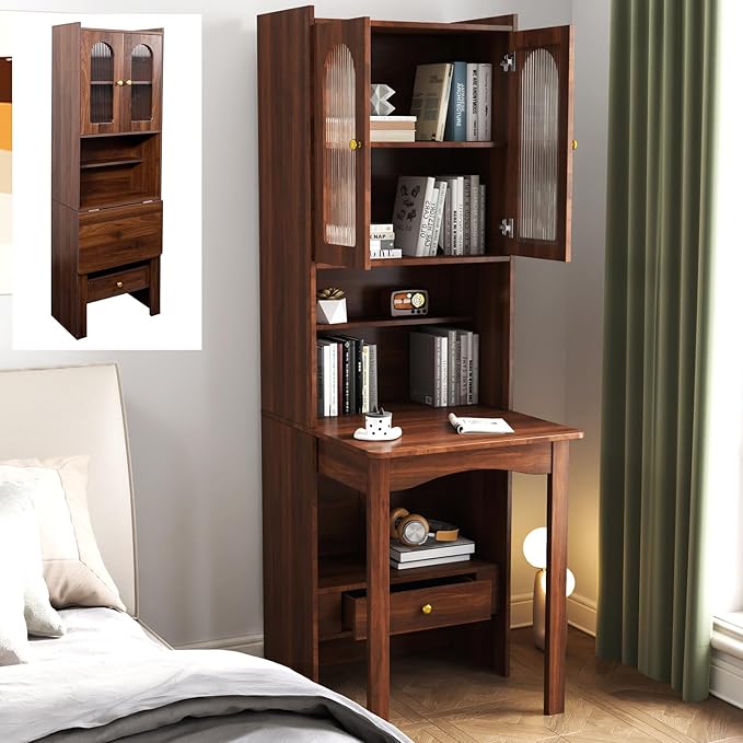 Convertible Fold Down Desk with Bookshelf &amp Drawer Multifunctional Murphy Desks with Storage Hideaway Fold Out Desk Cabinet for Small Spaces (Walnut)