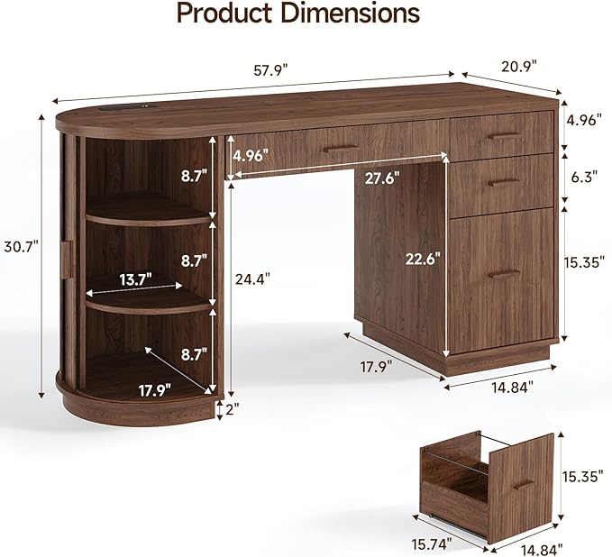 ONBRILL 58 Inch Fluted Executive Desk Computer Desk with Storage Drawers &amp File Drawer Modern Home Office Desk with Charging Station for Working Studying Writing Walnut