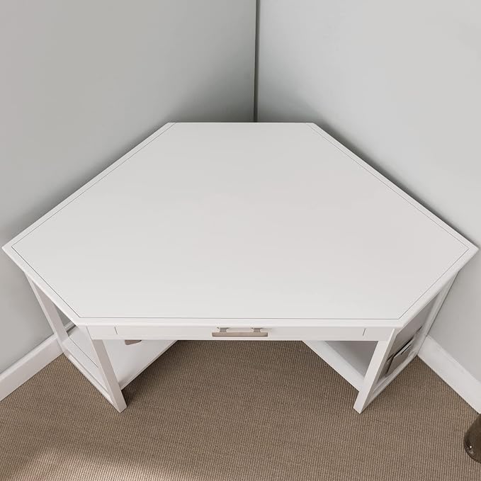 Leick Home Sage Corner Office Desk Solid Wood with Drop Front Keyboard Drawer White 85430
