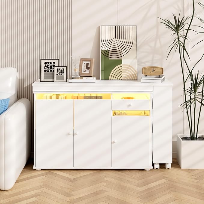 53 L-Shaped Computer Desk Rotating Home Office Desk with Storage Cabinet &amp Drawer Modern Study Writing Table with LED Light Reversible Corner Desk Small Space &amp Bedroom Workstation White