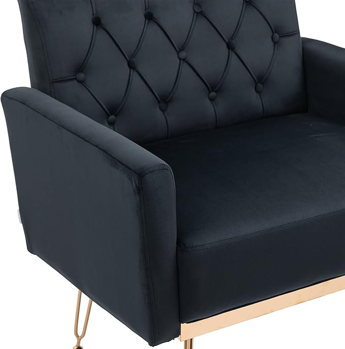 Velvet Accent Chair Upholstered Living Room Accent Armchair Leisure Single Chairs with Rose Golden feet Tufted Sofa Chairs for Home Office Living Room Bedroom Small Space (Black)