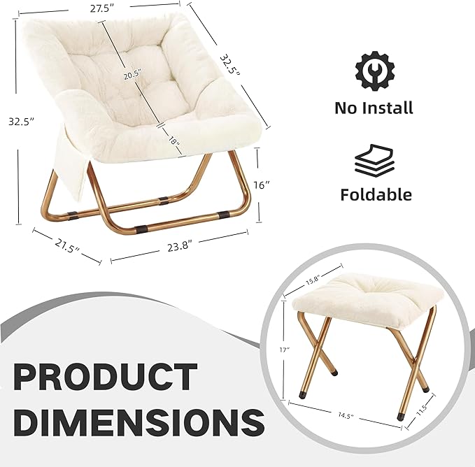Comfy Saucer Chair for Adults Foldable Living Room Chairs Soft Faux Fur Lounge Chair for Bedroom Reading Chairs X-Large (Ottoman-White)