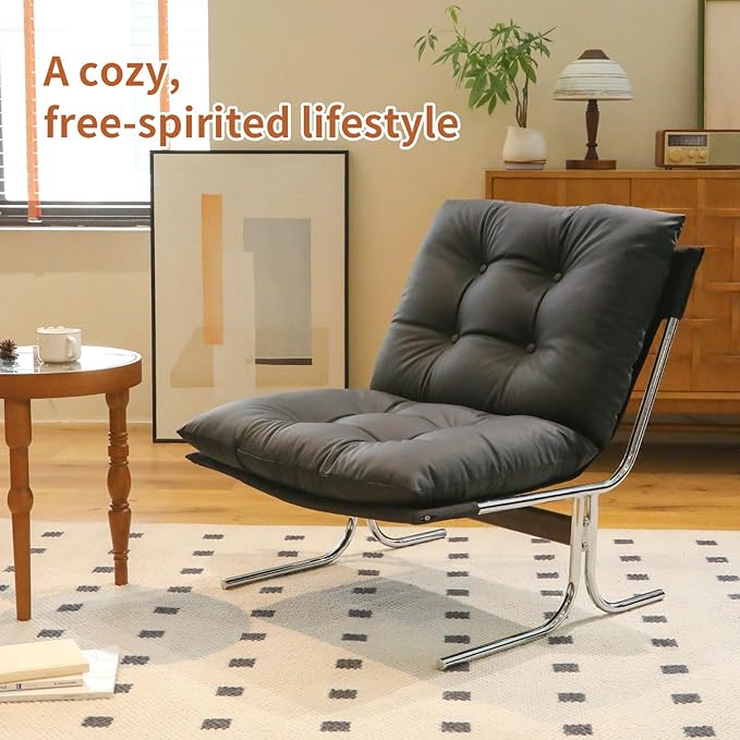 Modern PU Leather Living Room Chair-High Back Ergonomic Lounge Chair with Soft Padded Seat &amp Sturdy Metal Legs Mid-Century Stylish Living Room Reading Chair for Office Bedroom(Black + Faux Leath