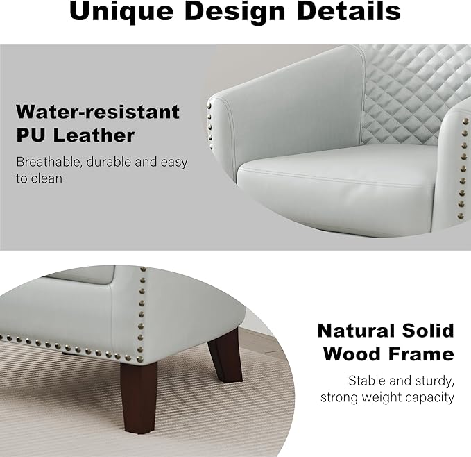Accent Barrel Chair Upholstered Faux Leather Club Chair with Nailed Trim Comfy Reading Armchair for Living Room Bedroom Reception Room Office (White Set of 2)
