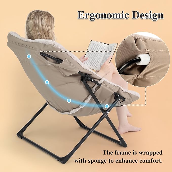 Comfy Saucer Chair for Adults Soft Faux Fur Bedroom Chair with Ottoman Accent Dorm Chairs Living Room Reading Chairs and Footstool Folding Seat for Teens X-Large Light Khaki