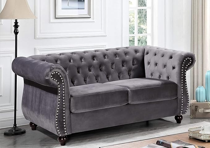 Feinstein Modern Velvet Chesterfield Couches for Living Room with Nailheads Diamond Tufting &amp Durable Metal Frame Loveseat Gray