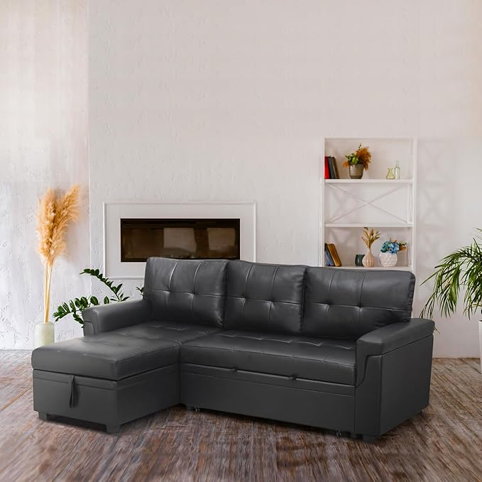 Naomi Home L-Shaped Reversible Sectional Sofa with Pull-Out Sleeper Bed and Storage Chaise Black Air Leather