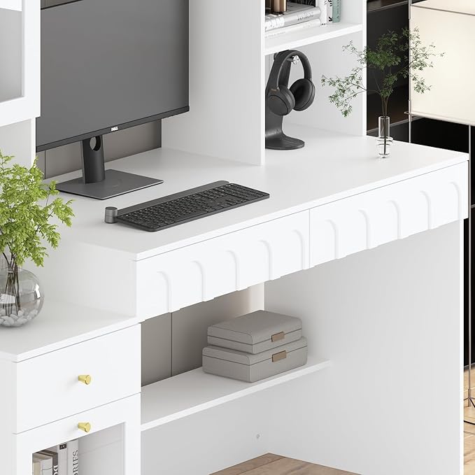 ECACAD Large Computer Desk with 79.1 Tall Bookshelf 62.4 L Corner Computer Desk with Glass Doors and Carved Arched Patterns Home Office Desk with 3 Drawers &amp 12 Shelves White
