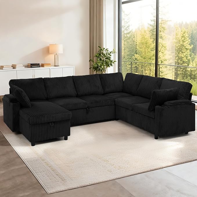 110” Corduroy Sectional Sofa w/Pull Out Bed &amp Storage Chaise Reversible U Shaped Sofa w/Storage Armrests &amp Cup Holders Corner Couch w/USB Charging Port &amp Throw Pillow for Living Room Bl