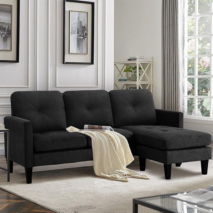 L-Shaped Couch with Reversible ChaiseConvertible Sectional Sofa CouchModular Couch SetLiving Room Furniture SetsCouches for Living Room Apartment and Small Space (Black)
