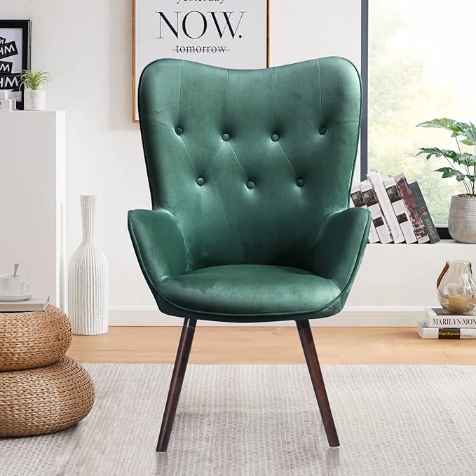 FurnitureR Velvet Accent Chair Modern Wingback Tufted Vanity Armchair Upholstered Tall Back with Arms Solid Wood Legs Lounge Leisure Chair for Living Room Bedroom Waiting Room Dark Green