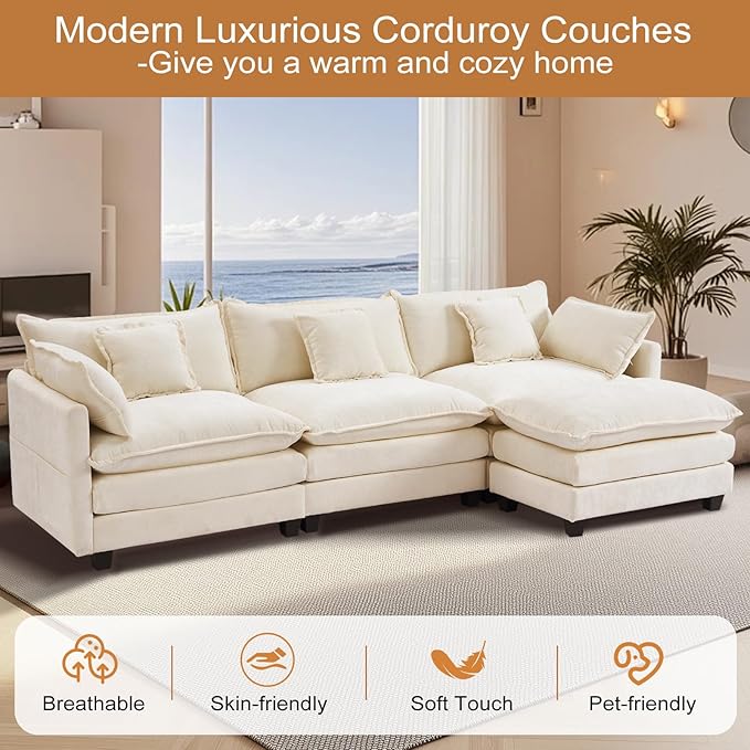 Furniliving 112‘’ L-Shaped Sofa Luxury Chenille Modular Sectional Couches with Ottoman Upholstered Deep Seat Sleeper Sofa with Memory Foam and Waist Pillows Beige