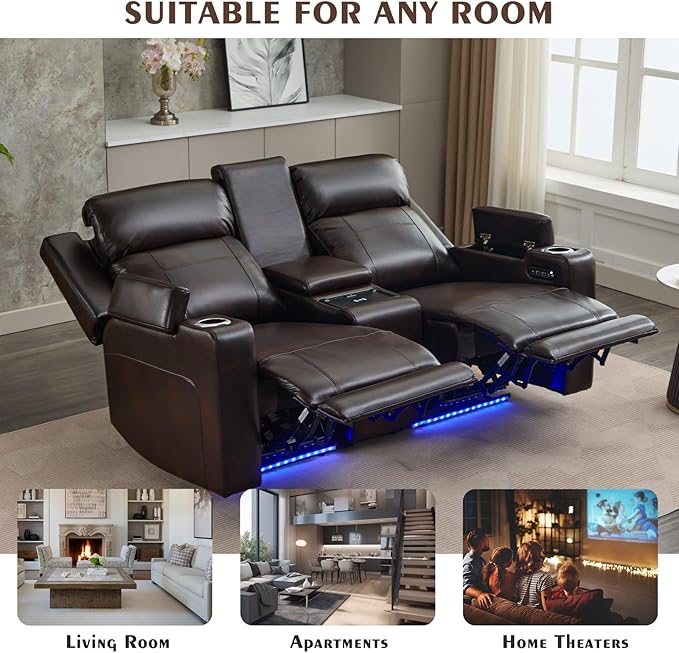 Power Reclining Loveseat with Console Power Loveseat Recliner Sofa with Adjustable Headrest/LED Light/Wireless Charging/Arm Storage Power Recliner Loveseat for Living Room (Brown 2 Seater)