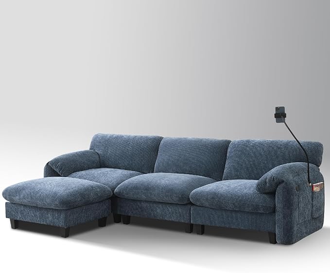 108 Side Storage Office Sofa L-Shaped Modular Sectional Sofa with Phone Holder &amp USB Blue Gray Chenille Fabric 4-Seat Business Couch with Movable Ottoman for Office Reception Commercial