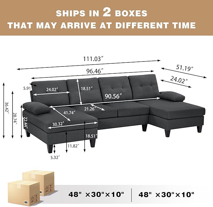 111 Sectional Couch for Living Room Modern Polyester Fibre U Shaped Sofa Couches with Double Chaise Upholstered 4 Seater Sofa for Living Room Apartment Office Dark Grey