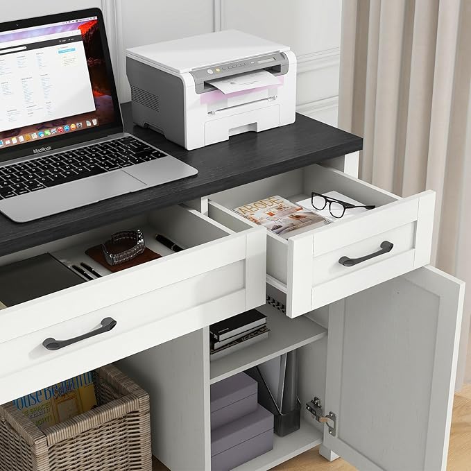 Vabches Farmhouse 47 Executive Desk Computer Desks with Drawers and Storage Cabinet Workstation Computer Desk for Home Office Study.(Black).