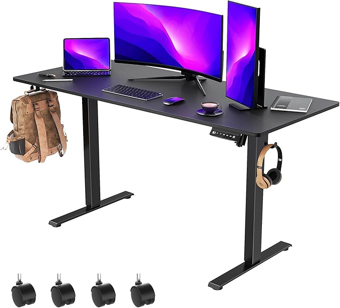 55 x 24 Inch Electric Standing Desk with 4 Wheels Height Adjustable Desk for Home Office Sit Stand Desk with 4 Memory Presets Headphone Hooks and Cable Clips Splice Board Black