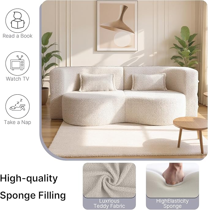 78 Inch Couch Queen Sleeper Loveseat Cloud Sofa Bed Convertible Folding Teddy Full Size Boneless Sofabed for Living Room Guestroom Lazy Lounge Floor Fold Out Sofa Bed No Assembly (Beige)