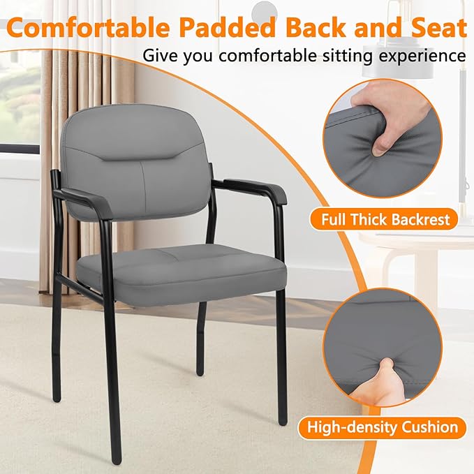 CLATINA Leather Guest Chair No Wheels Office Reception Chair with Armrests and Lumber Support Ergonomic Desk Armchair for Meeting Waiting Conference Lobby Room Shool Grey 1PK