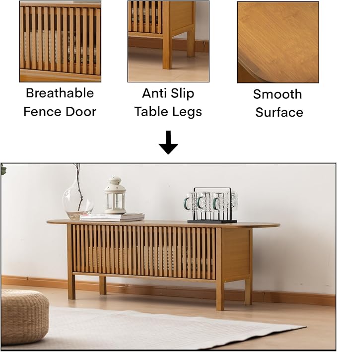 Bamboo TV Stand for TVs up to 65 Accent Entertainment Center with Storage Media Console Table with Fence Door Modern TV Stand for Living Room Bedroom 55(L) Walnut