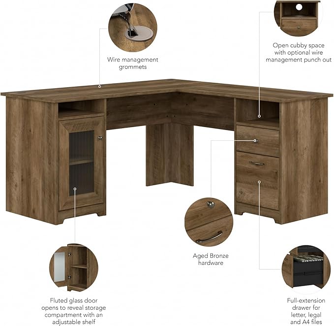 Bush Home Cabot 60W L Shaped Computer Desk with Storage in Reclaimed Pine 60-inch Corner Table with Drawers for Home Office Workspace