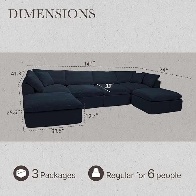 Cloud Modular Sectional Sofa Couch141” U-Shape Sofa with Wide Armrest Modern High-Density Sponge Compressed Couch for Living Room BedroomNo Assembly Needed (Blue 4 Seats+ 2 Ottoman)