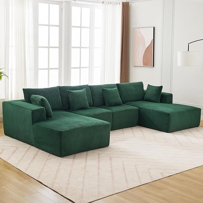137 Sectional Cloud Couch Modular Modern U-Shaped Sofa with Chaise Lounge Corduroy Fabric No Assembly Required Convertible Compression Sleeper Sofa for Living Room Apartment Bedroom