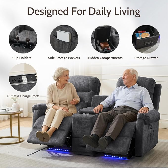 Power Lift Recliner LoveseatVelvet Reclining Loveseat Sofa RV Couch with ConsoleDual Power Lift Recliner Chair for Elderly with Heat and MassageElectric Lift Chairs for Living Room (Gray)