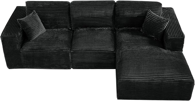108 L-Shaped Boneless Cloud Sectional Couches Comfy Corduroy Fluffy Modular Sectional Sofa with Ottoman Deep Seat Memory Foam Plush Couch for Living Room Small Spaces Black