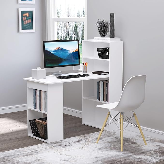 Modern Home Office Desk with 6-Tier Storage Shelves 47 Writing Table with Bookshelf White
