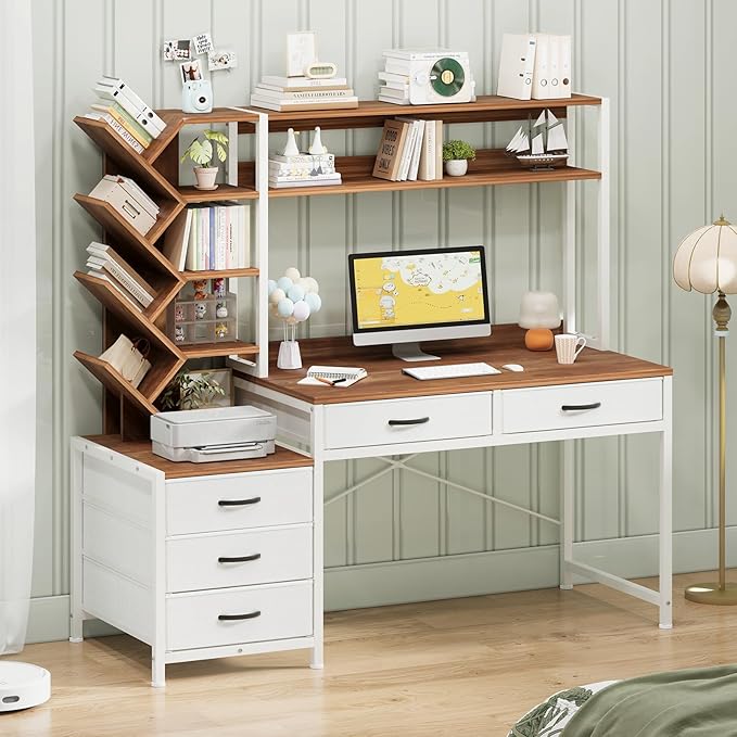 Reversible Computer Desk with Hutch Home Office Desk with 5 Drawers and Bookshelf 52'' Study Writing Desk with Storage Shelves for Bedroom Home Office Brown and White