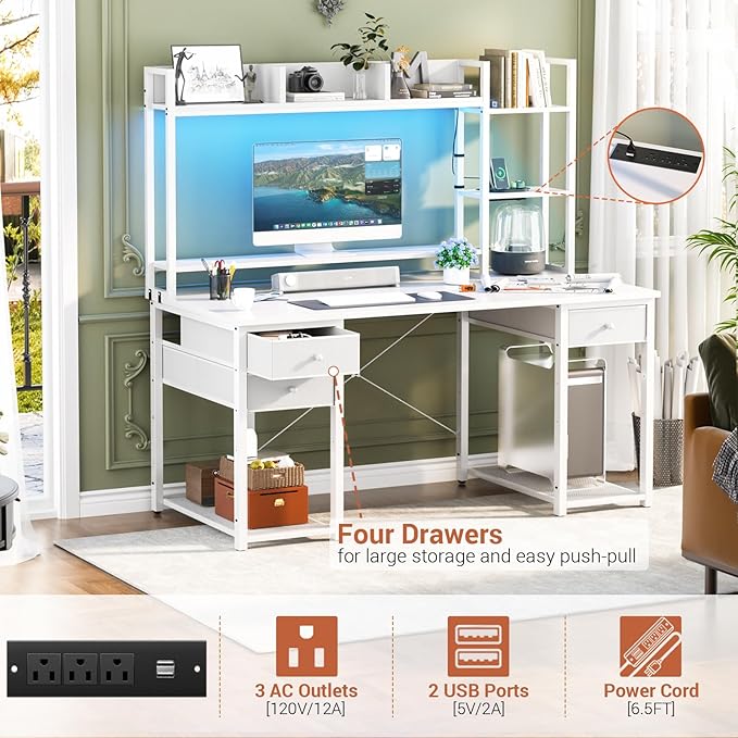 Aheaplus Desk with LED and Outlets Gaming Desk with Hutch 47.2'' Computer Desk with Drawers Reversible Office Desk with Storage Bookshelf Large Workstation Desk with Shelf Desk for Home White