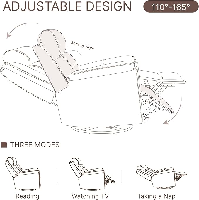 Leather Recliner Chair 360° Swivel Rocker for Adults Manual Rocking Reclining Chair with Adjustable Backrest Footrest for Living Room Bedroom Home Theater Seating
