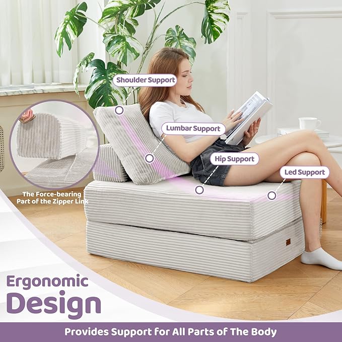 Folding ChairSleep Chair with High-Density Support FoamPortable 3 in 1 Fold Out Chair with Back Support and Pillow for Bedroom、Balcony、Hotel、ApartmentSingleSilver Gray